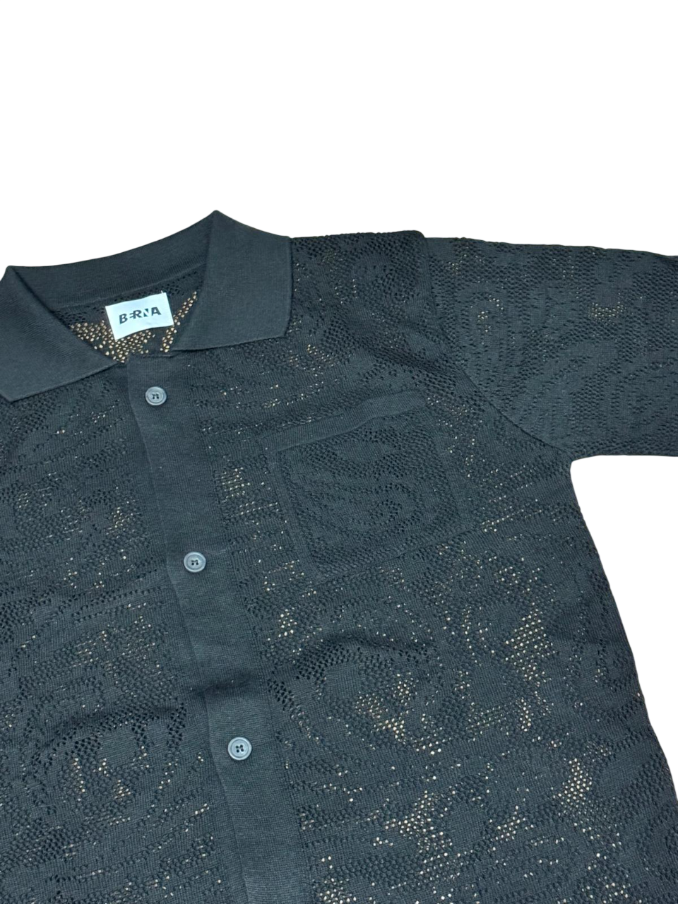 Camicia Polo Uomo BERNA in Maglia Traforata Crochet Nero
