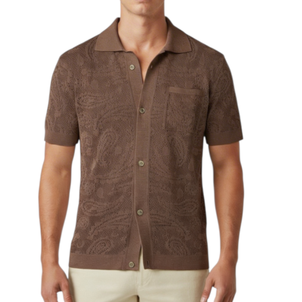 Camicia Polo Uomo BERNA in Maglia Traforata Crochet Caffè