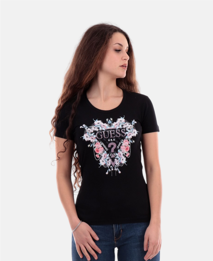 T-shirt Donna GUESS Flowers frontale con strass